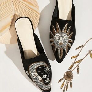 Tip toe embroidered flat mules. Black with celestial design. Never worn